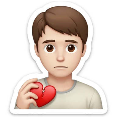White man with brown hair holding a broken heart sticker
