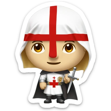 Bare headed blond haired Masonic knight Templar wearing a white tunic with a Red Cross on the front and a white mantle with a hood with a Red Cross on the left side and a male face with a red cap and holding a sword. sticker