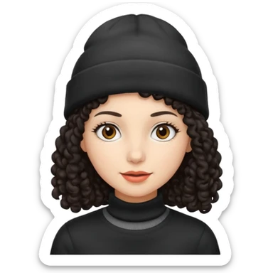 woman with dark curly hair and a beanie sticker