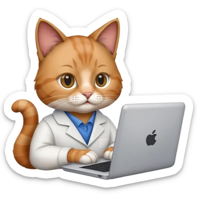 cat researcher typing on a laptop with scientific papers sticker