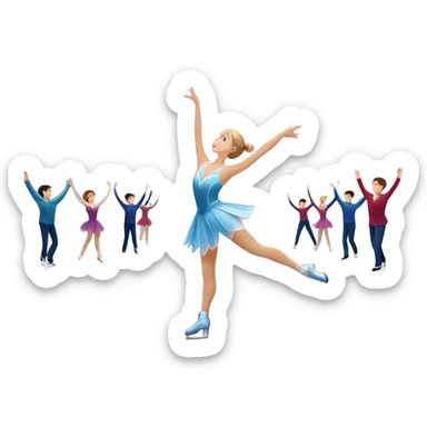 An icon showing a scenic ice rink with figure skater performing elegant moves under soft spotlight beams. Surrounded by audience stands and shimmering ice, the scene reflects harmony, grace, and the magic of figure skating. Transparent background included sticker