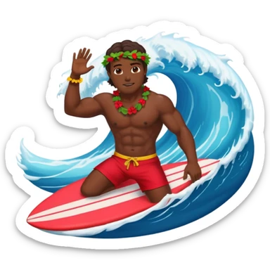 Dark muscular surfer in big wave wearing red shorts and head lei sticker