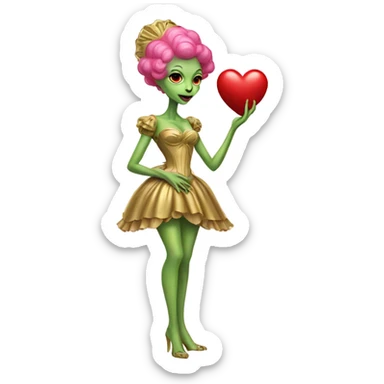 a green alien woman in Victorian gold dress, pink hair,holdig, red big hearth, full body sticker