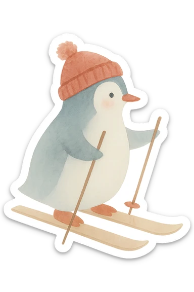 un pinguin avec un bonnet des batons qui fait du ski sticker