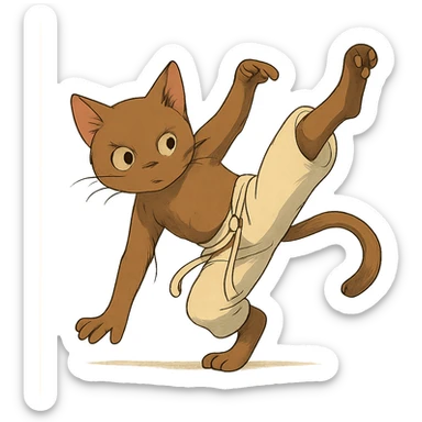 ghibli style cat in a dynamic capoeira pose sticker