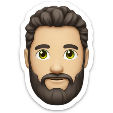 one white guy with dark brown longhair greeneye beard blacktshirt thumbup sticker