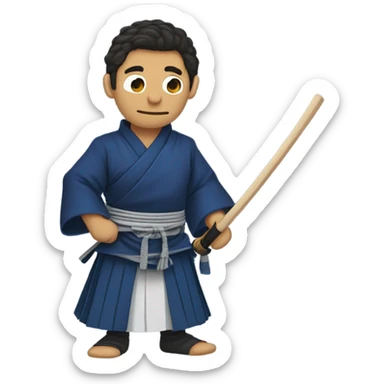 male Kendo Muppet with dark hair side-part and brown eyes with indigoblue Gi and Hakama and a dark Kendo-armor sticker