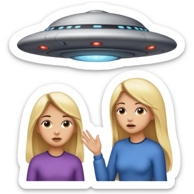 A girl with dark hair and a tan skin and a girl with long blonde hair getting sucked up by a ufo sticker