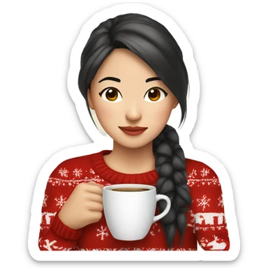 asian girl drinking coffee wearing Christmas sweater sticker