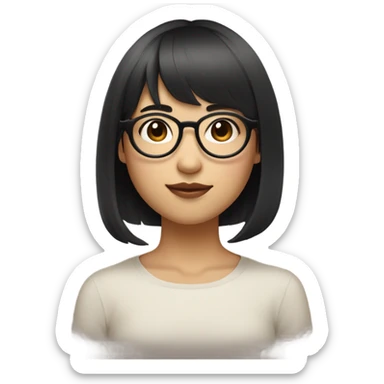 Asian girl with black layered short hair and bangs with round glasses pale mole between her nose and lips on the right flat nose sharp jawline bushy eyebrow sticker