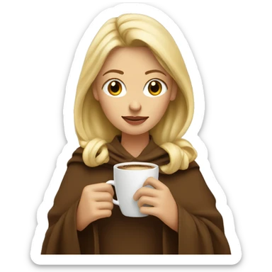 Blonde woman with a brown blancket drinking coffe looking down sticker