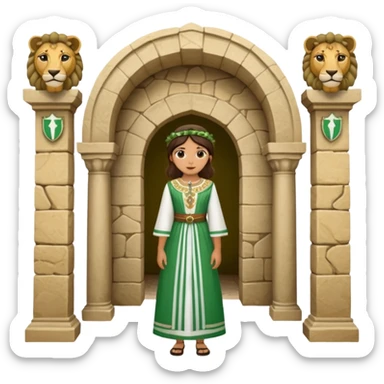 Andalousie drapeau 2 bande verte qui et une bande blanche au milieu avec une femme avec 1 lion de chaque coter d’elle sous un arc en pierre  sticker