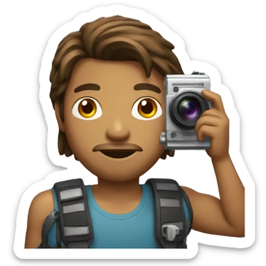 brown guy with mullet holding a photo camera sticker