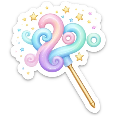 Cinematic cute magical wand, pastel swirls of color, tiny twinkling stars floating around, glowing softly, chubby rounded edges, whimsical and dreamy. sticker