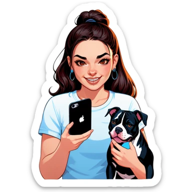 Slightly overweight beautiful girl with choppy long dark hair with her nose piercing and her black iPhone with her her pet pit bull girl with an underbite layed next to her sticker