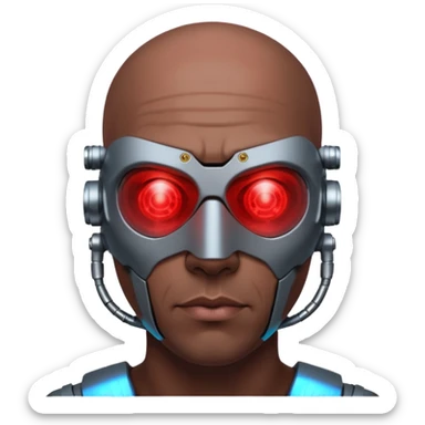 bald dark brown man, half of his face covered in cyborg upgrades such as red laser sticker