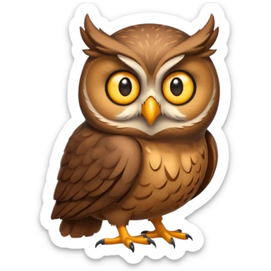 Emoji chouette  brun clair, yeux jaunes brillants, bec recourbé, sagesse et puissance, perchée sur un cerf sticker