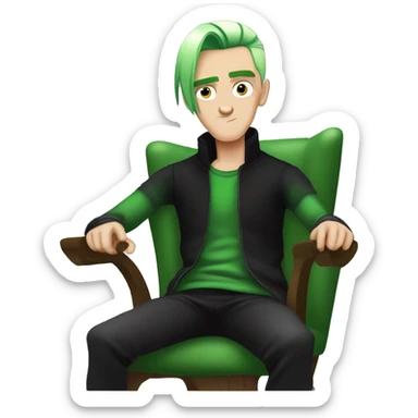 arafed man with green hair and a black shirt sitting in a chair, lil peep, similar to malfoy, style of seb mckinnon, green hair, bright green hair, burtonesque, elfpunk, he looks like a human minion, wry smirk sticker