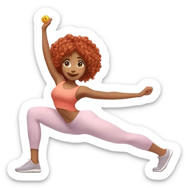 Red-haired girl with wavy hair in pastel workout clothes doing different Pilates poses (e.g., Teaser, Plank). Calm expression, minimal background, and emoji-style design. sticker