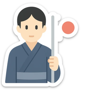 person in a traditional Japanese kimono holding the flag of Japan, color icon sticker