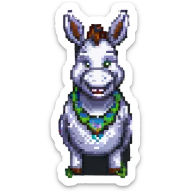 donkey from Shrek, smiling, friendly expression, pixel art sticker