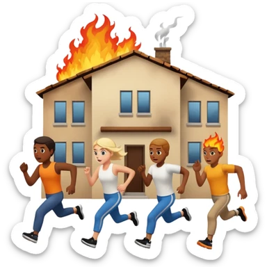 4 people running from burning building  sticker