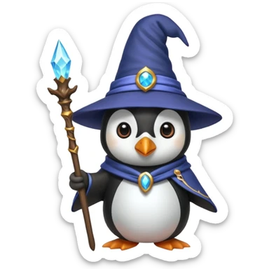 A penguin wizard with a magical staff and a pointy hat sticker
