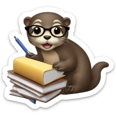 Otter with round glasses holding multiple journals, planners and pens sticker