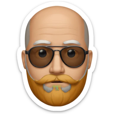 Bald man, wearing black opaque sunglasses, gray goatee beard sticker