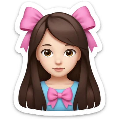 cute girl with dark long straight brown hair with pink bow in hair on te side sticker