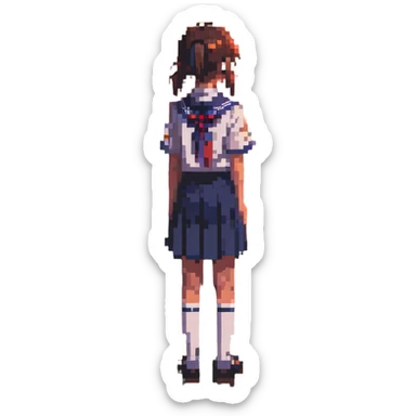 Japanese schoolgirl in uniform standing in a classroom with sunset light, hands at sides, one empty desk, looking out window, emotional atmosphere sticker