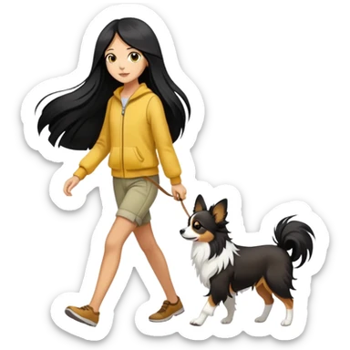 A girl with long black hair is walking a Papillon with yellow and white color sticker