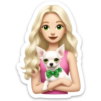pale blond girl with wavy long platinum hair with green eyes holding a white chihuahua puppy that wearing a pink bow sticker