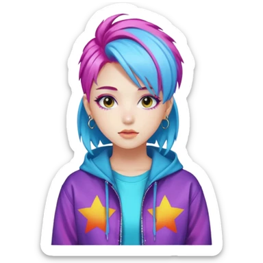 portrait of young woman idol in Kpop style, wearing flashy streetwear outfit, colorful dyed hair sticker