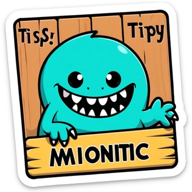 Fantasy tavern wooden sign with "Tipsy Mimic" name, with monster teeth and tongue sticker