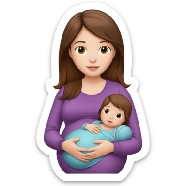 "Pregnant woman sitting with long brown hair and fair skin, holding a baby with short brown hair and fair skin." sticker