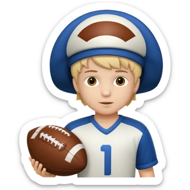 A child stands in a football costume, holding an actor's hat sticker