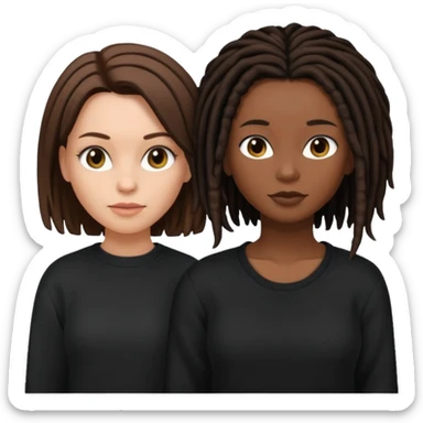 white woman brunette with very short hair and a black top. And black woman with long dread locks with a black sweater  sticker