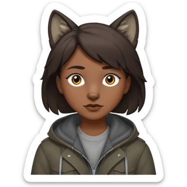 Hobo tomboy with dark brown hair in a wolf cut style that is parted in the middle. brown eyes, dark dull brown coat, grey shirt. sticker