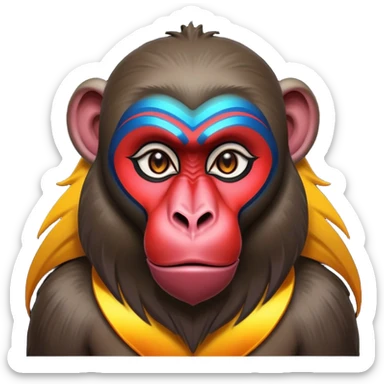 Cinematic Noble Mandrill baboon Portrait Emoji, Poised and regal, with a striking, powerful build and a vivid, deep-set soulful eyes, Simplified yet sharp and sophisticated features, highly detailed, glowing with a vibrant, dignified glow, high shine, intelligent and commanding, stylized with an air of exotic majesty, focused and attentive, soft glowing outline, capturing the essence of a watchful and confident primate, so majestic it feels as though it could step out of the screen with effortless authority! sticker