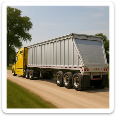 Make the silver end dump trailer significantly longer, keep the Volvo yellow semi sleeper truck and rear three-quarter angle, photorealistic, driving away down a dirt road with trees, grass, and a quiet country scene, daytime lighting. Maintain photorealistic style and lighting. sticker