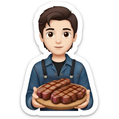 Turkish beautiful finish Konya boy white skin and good hair and brown eyes with black and denim clothes and had on his hand grilled meat sticker
