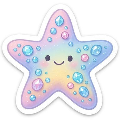 whimsical sea star, rainbow pastel, shiny gems, soft texture, gentle smile, not fully realistic, no background sticker