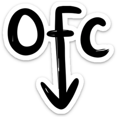 Letters OFC with a downward arrow underneath sticker