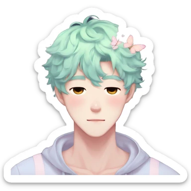 Gorgeous pastel anime style man with blushing face and butterflies aesthetic trending style sticker