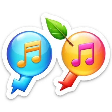 Apple style emoji of two connected bubbles, one containing fast forward arrows symbol and the other containing a musical note, vibrant colors, modern and technological feel sticker