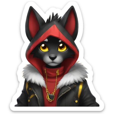 black Shiny Fionbri-Falvie-sparkle-sona with yellow eyes, red edgy markings full body fursona  sticker