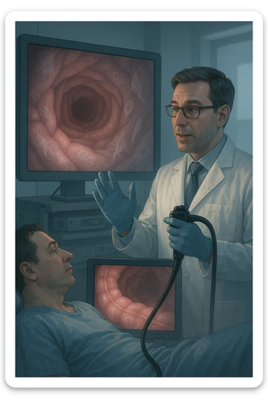A medical cinematic illustration showing a patient undergoing a colonoscopy in a modern clinical setting. On the monitor, the endoscopic camera shows smooth, healthy-looking intestinal mucosa — clean and without evidentiary signs. But layered symbolically in the background (or faded into the intestinal wall), tiny parasitic organisms like protozoa and helminths are subtly depicted hiding between folds, or embedded deeper in tissues, undetectable by the surface-only scope. The doctor gestures with confidence, while the patient remains unaware that the test might not reveal the true underlying infection. The scene has cool clinical lighting, shallow depth of field, and realistic anatomy, overlaid with symbolic, almost ghost-like imagery of parasites sticker