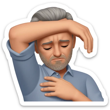 A man who is depressed with his left arm draped over his head so the inside of his left elbow is on his head and his left hand is touching his right shoulder sticker