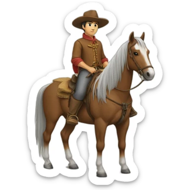 gaucho without a hat, mounted on a horse writing code on a computer sticker